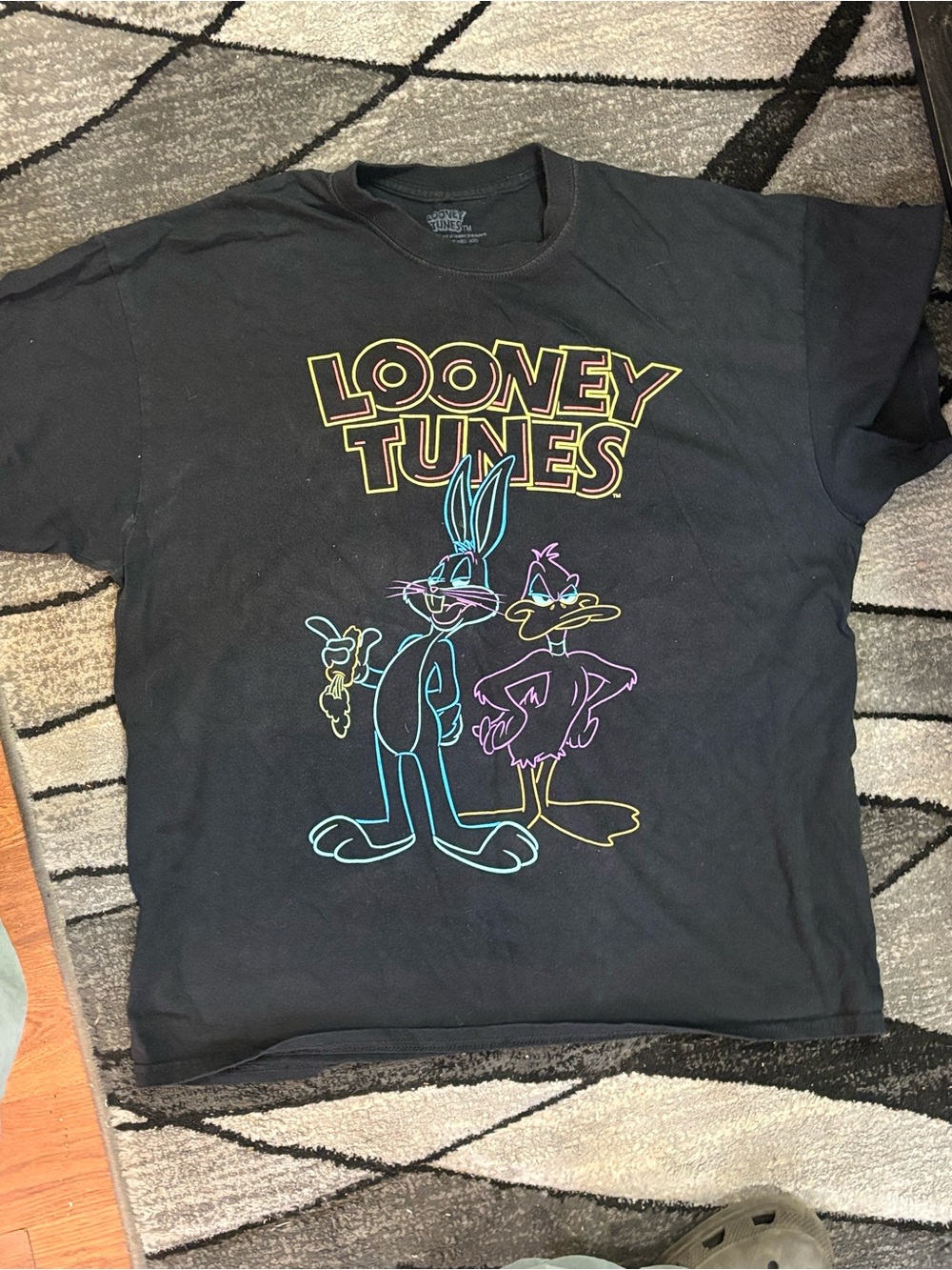 Warner Bros. Looney Tunes Black Tee with Neon Outline Characters